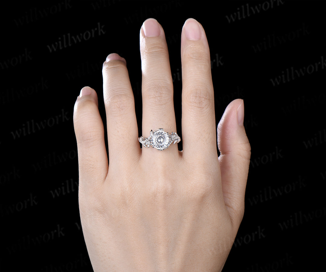 9mm Portuguese Cut Moissanite Nature Inspired Ring Twig Leaf Floral Diamond Accent Promise Ring Anniversary Gifts