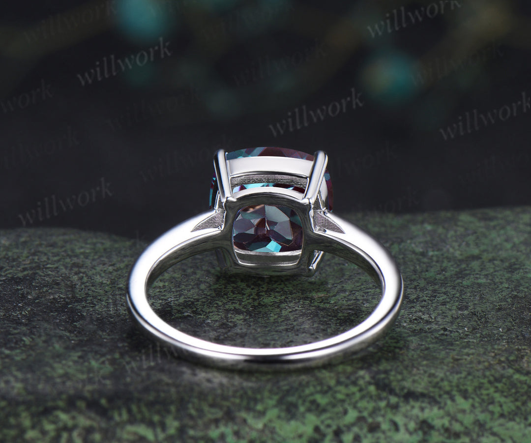 Alexandrite engagement ring solitaire minimalist 9mm cushion cut color change gemstone ring