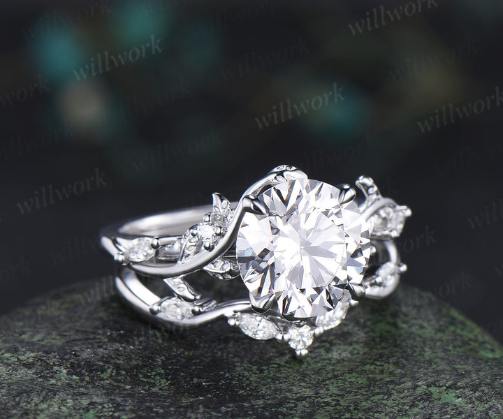 9mm round cut IGI lab grown diamond engagement ring set nature inspired leaf twig diamond bridal set gifts for women