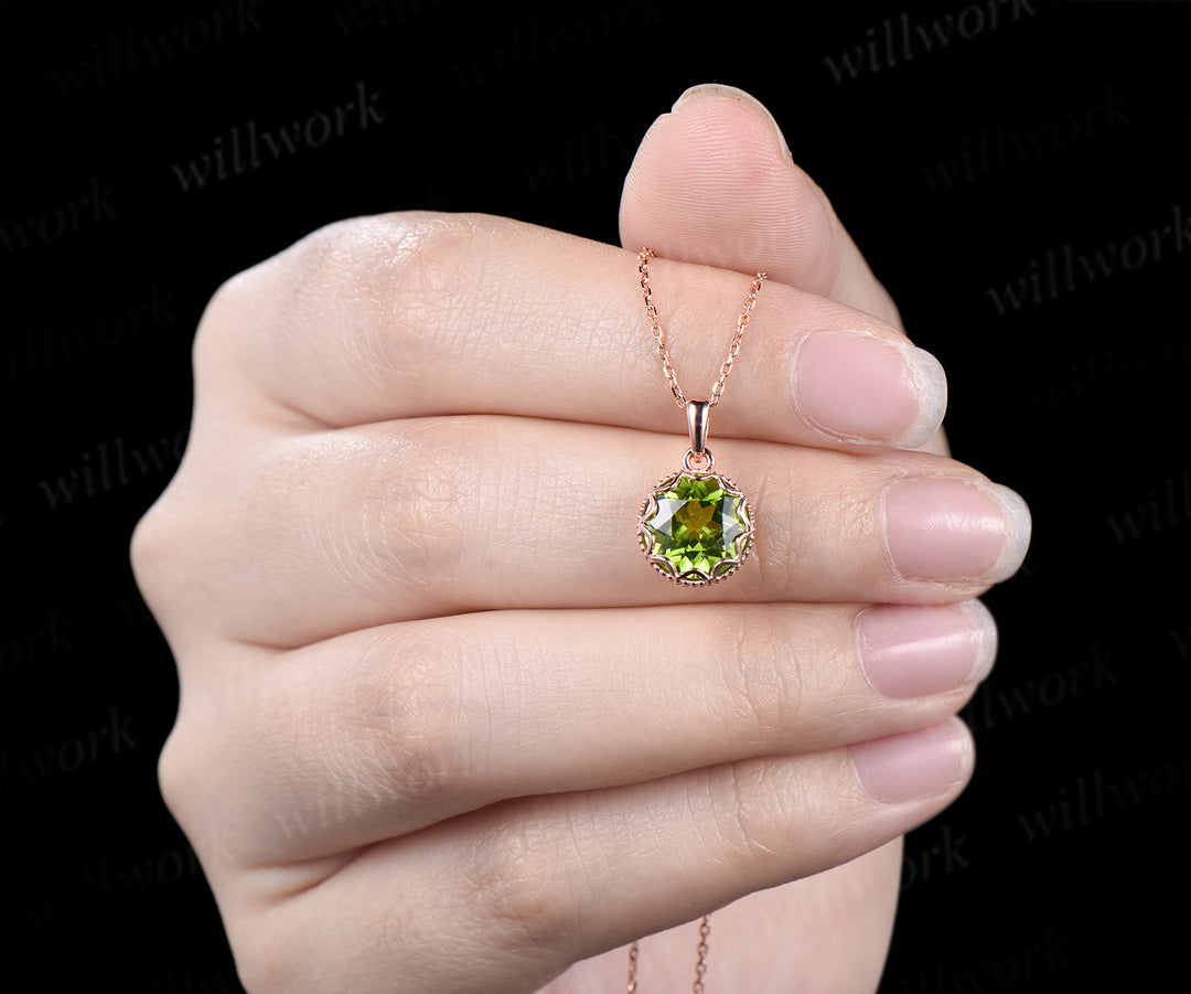 3ct Round Cut Peridot Necklace Milgrain Lace Pendant Art Deco 14k Rose Gold Solitaire August Birthstone Necklace Jewelry
