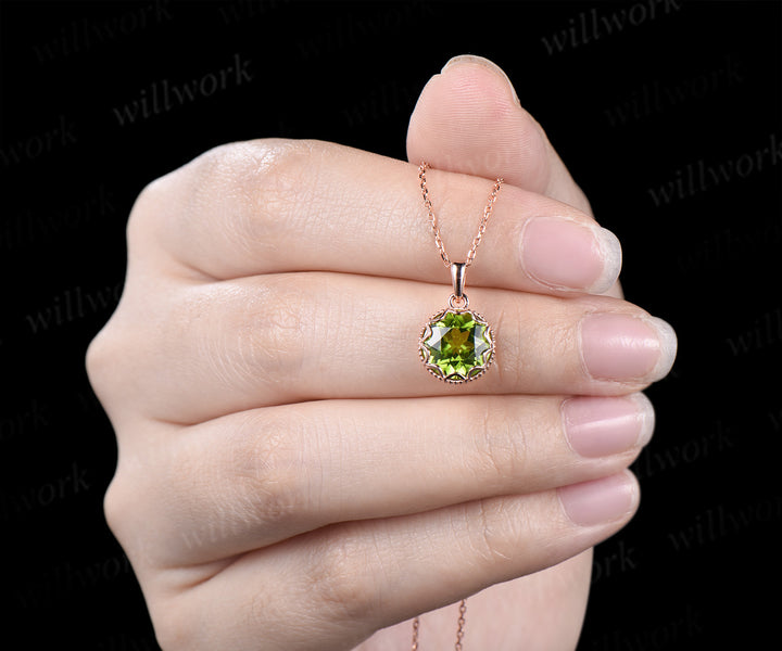 3ct Round Cut Peridot Necklace Milgrain Lace Pendant Art Deco 14k Rose Gold Solitaire August Birthstone Necklace Jewelry