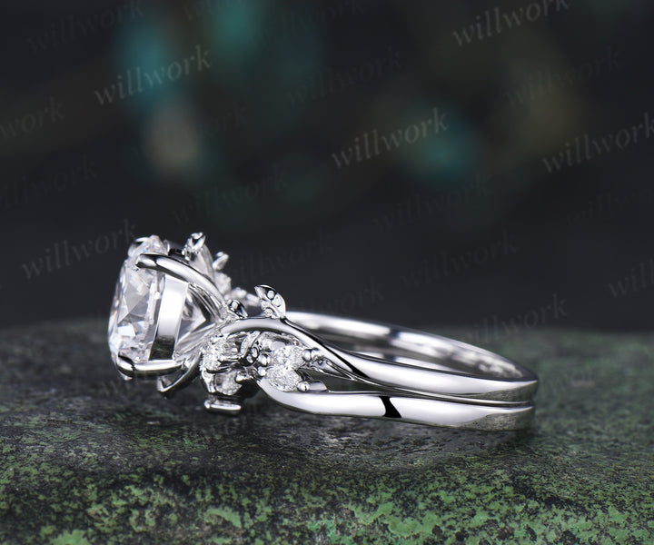 9mm round cut IGI lab grown diamond engagement ring set nature inspired leaf twig diamond bridal set gifts for women