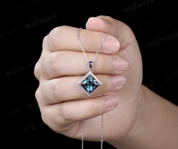 Princess cut alexandrite pendant necklace unique diamond halo color-change gemstone necklace for women