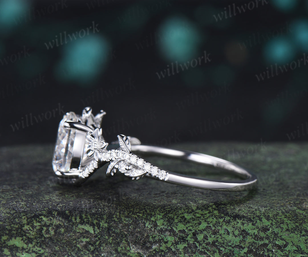 9mm Portuguese Cut Moissanite Nature Inspired Ring Twig Leaf Floral Diamond Accent Promise Ring Anniversary Gifts