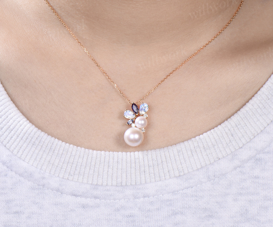 Vintage 9mm Pearl Pendant Necklace Cluster Moonstone Alexandrite Moissanite Lustrous Pearl Pendant Necklace