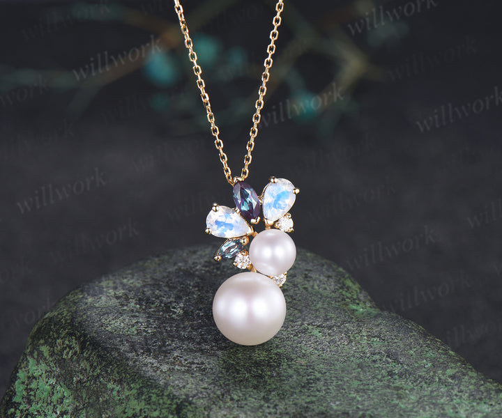 Vintage 9mm Pearl Pendant Necklace Cluster Moonstone Alexandrite Moissanite Lustrous Pearl Pendant Necklace