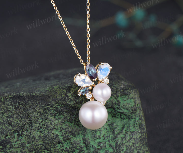 Vintage 9mm Pearl Pendant Necklace Cluster Moonstone Alexandrite Moissanite Lustrous Pearl Pendant Necklace