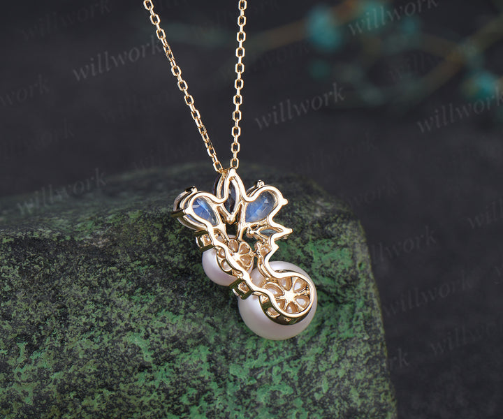 Vintage 9mm Pearl Pendant Necklace Cluster Moonstone Alexandrite Moissanite Lustrous Pearl Pendant Necklace