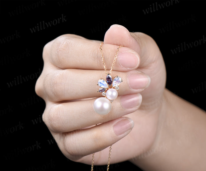 Vintage 9mm Pearl Pendant Necklace Cluster Moonstone Alexandrite Moissanite Lustrous Pearl Pendant Necklace