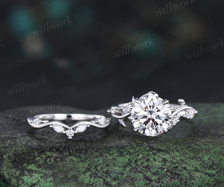 9mm round cut IGI lab grown diamond engagement ring set nature inspired leaf twig diamond bridal set gifts for women