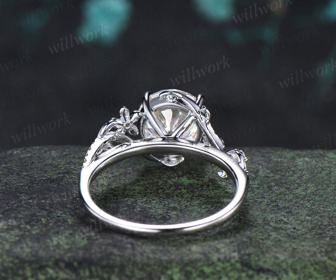 9mm Portuguese Cut Moissanite Nature Inspired Ring Twig Leaf Floral Diamond Accent Promise Ring Anniversary Gifts