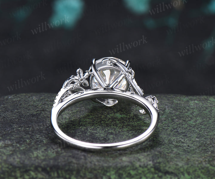 9mm Portuguese Cut Moissanite Nature Inspired Ring Twig Leaf Floral Diamond Accent Promise Ring Anniversary Gifts