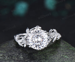 9mm Portuguese Cut Moissanite Nature Inspired Ring Twig Leaf Floral Diamond Accent Promise Ring Anniversary Gifts