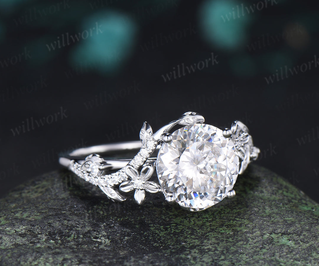 9mm Portuguese Cut Moissanite Nature Inspired Ring Twig Leaf Floral Diamond Accent Promise Ring Anniversary Gifts