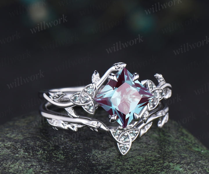 Princess cut alexandrite engagement ring set art deco color change stone celtic knot leaf twig ring unique bridal set