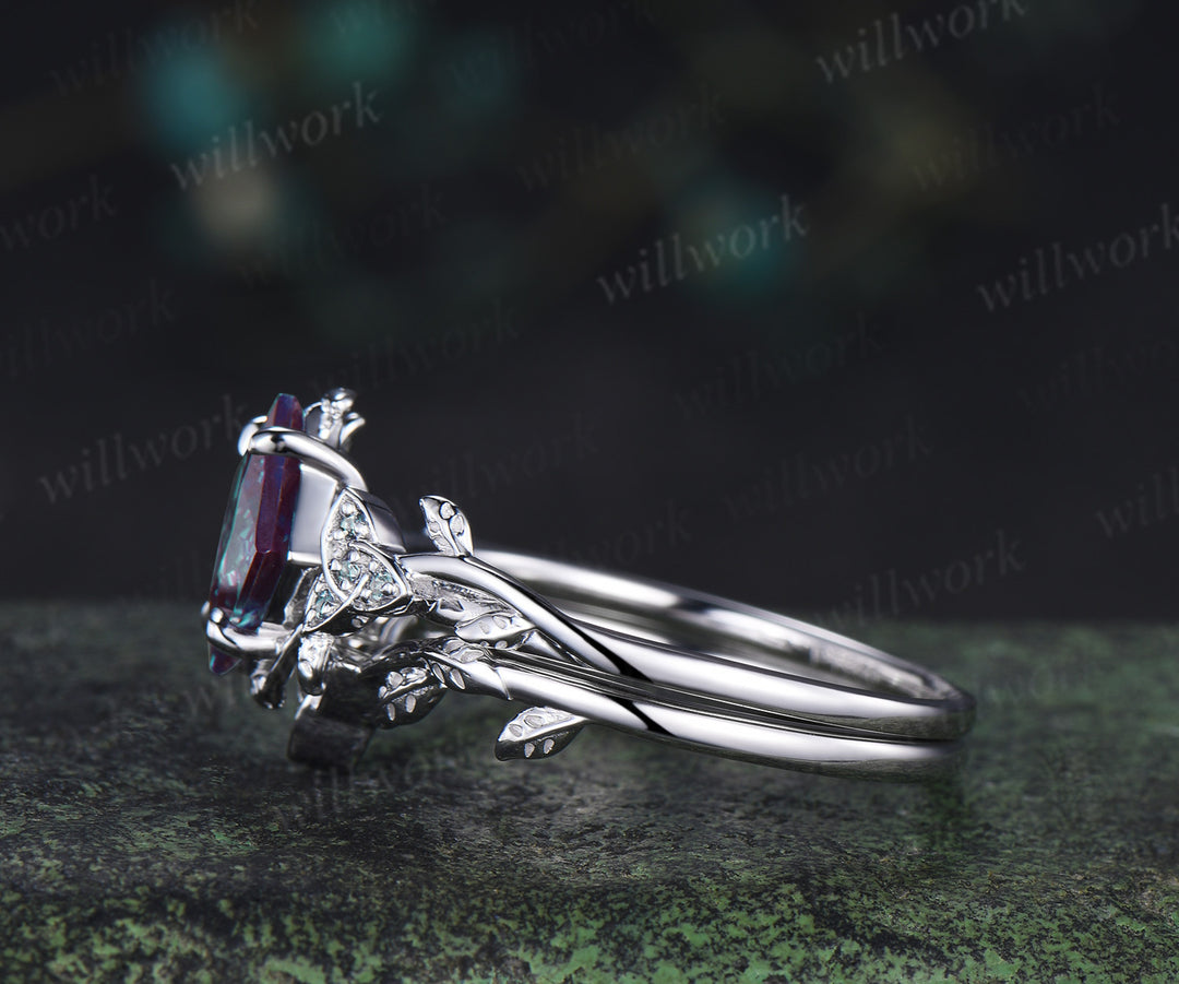 Princess cut alexandrite engagement ring set art deco color change stone celtic knot leaf twig ring unique bridal set