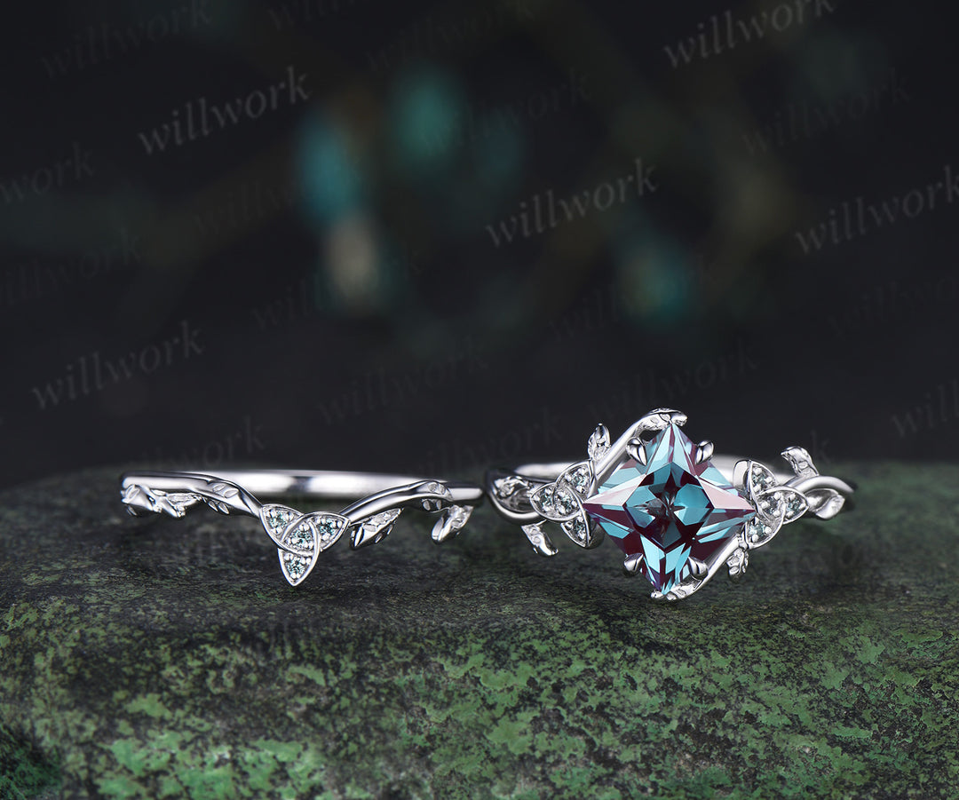 Princess cut alexandrite engagement ring set art deco color change stone celtic knot leaf twig ring unique bridal set