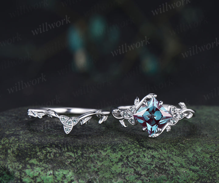 Princess cut alexandrite engagement ring set art deco color change stone celtic knot leaf twig ring unique bridal set