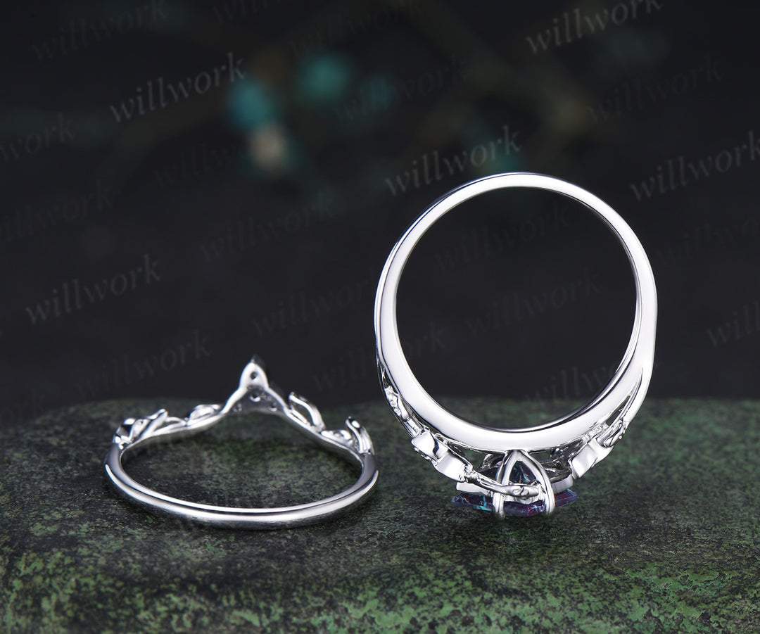 Princess cut alexandrite engagement ring set art deco color change stone celtic knot leaf twig ring unique bridal set