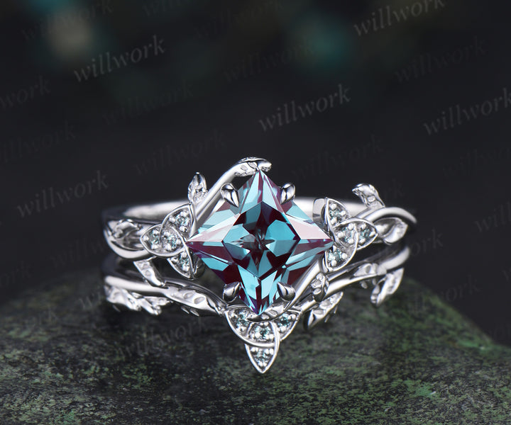 Princess cut alexandrite engagement ring set art deco color change stone celtic knot leaf twig ring unique bridal set