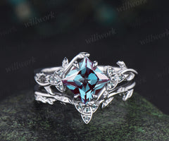 Princess cut alexandrite engagement ring set art deco color change stone celtic knot leaf twig ring unique bridal set