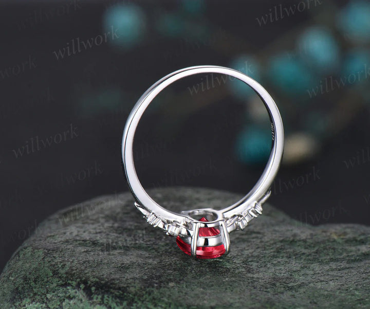 Vintage Oval Fantasy Cut Ruby Engagement Ring Leaf Floral Diamond Promise Ring Curved Matching Band Unique Bridal Set