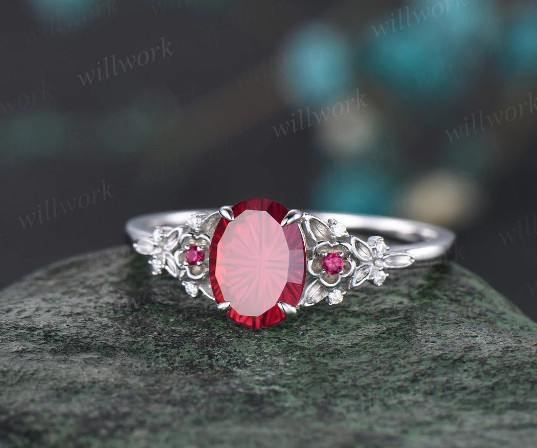 Vintage Oval Fantasy Cut Ruby Engagement Ring Leaf Floral Diamond Promise Ring Curved Matching Band Unique Bridal Set