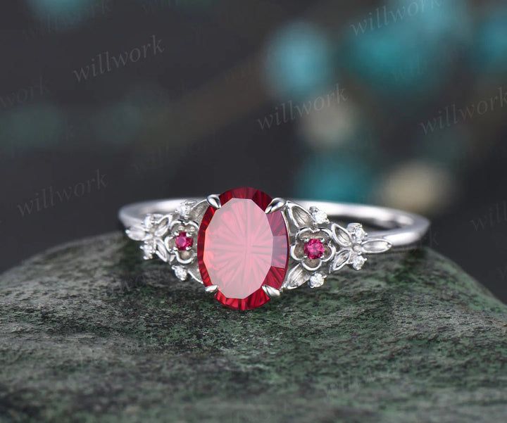 Vintage Oval Fantasy Cut Ruby Engagement Ring Leaf Floral Diamond Promise Ring Curved Matching Band Unique Bridal Set