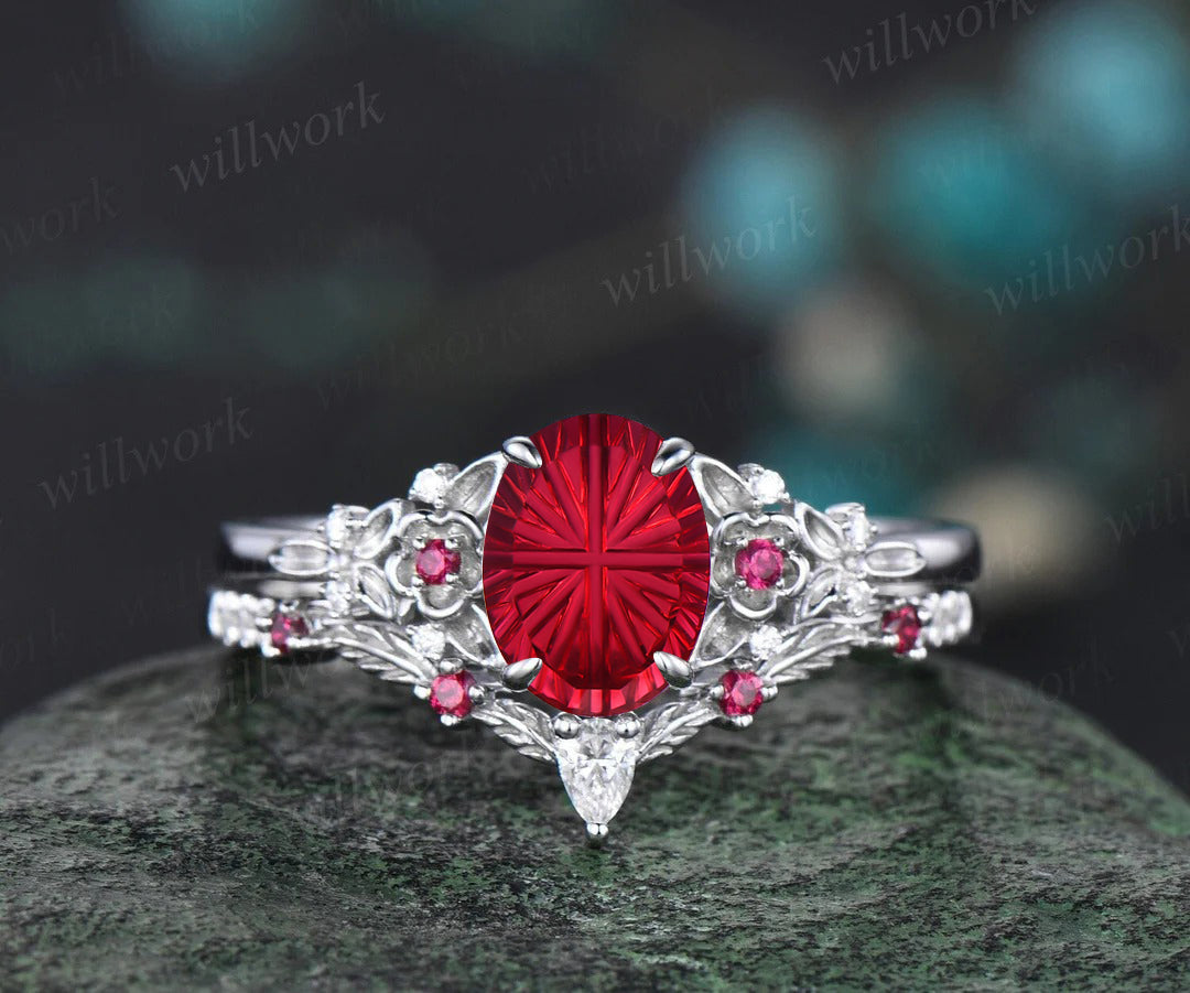 Vintage Oval Fantasy Cut Ruby Engagement Ring Leaf Floral Diamond Promise Ring Curved Matching Band Unique Bridal Set