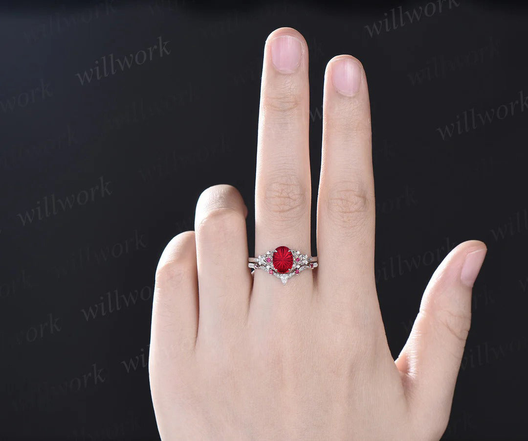 Vintage Oval Fantasy Cut Ruby Engagement Ring Leaf Floral Diamond Promise Ring Curved Matching Band Unique Bridal Set