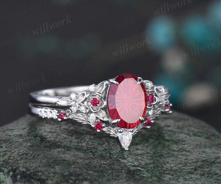 Vintage Oval Fantasy Cut Ruby Engagement Ring Leaf Floral Diamond Promise Ring Curved Matching Band Unique Bridal Set