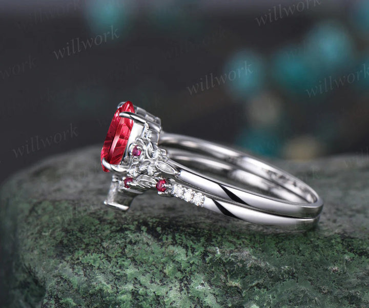 Vintage Oval Fantasy Cut Ruby Engagement Ring Leaf Floral Diamond Promise Ring Curved Matching Band Unique Bridal Set