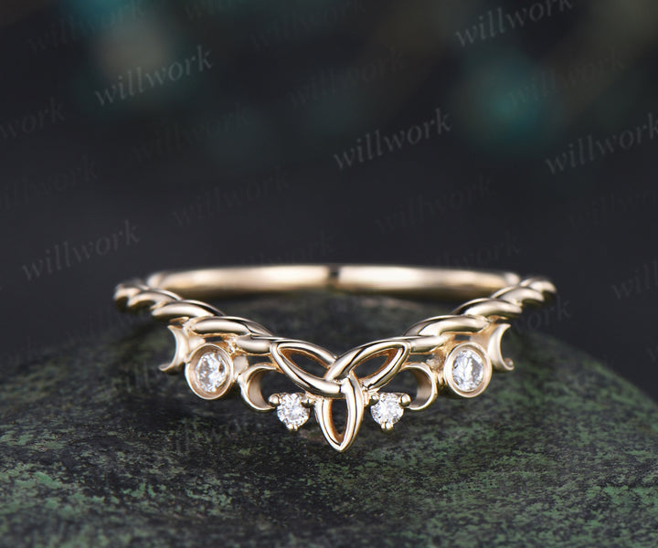 Celtic knot moon diamond wedding band 14k yellow gold twisted rope wrapping bezel stacking bridal ring women