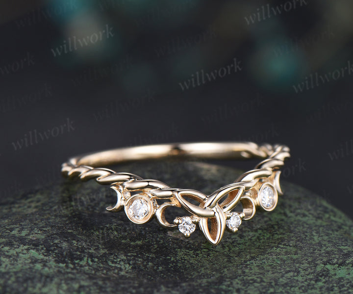 Celtic knot moon diamond wedding band 14k yellow gold twisted rope wrapping bezel stacking bridal ring women