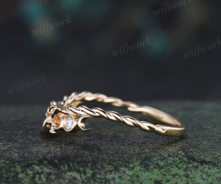 Celtic knot moon diamond wedding band 14k yellow gold twisted rope wrapping bezel stacking bridal ring women