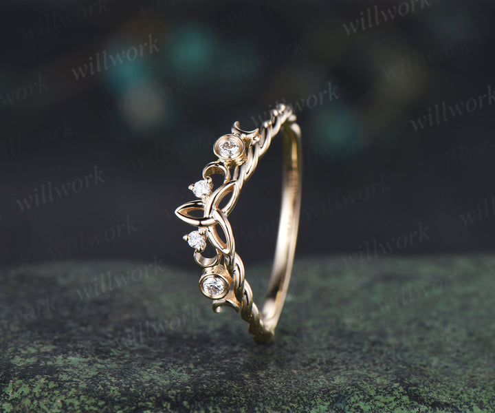 Celtic knot moon diamond wedding band 14k yellow gold twisted rope wrapping bezel stacking bridal ring women