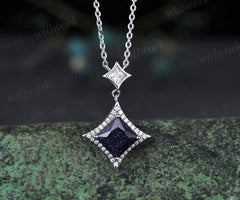 Dainty Princess Cut Galaxy Blue Sandstone diamond Halo Pendant Necklace Solid 14k White Gold Square Shape Blue Goldstone Drop Necklace