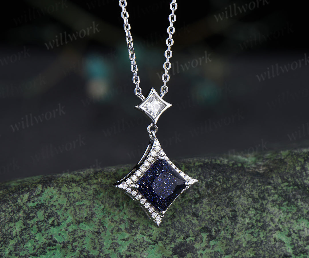 Dainty Princess Cut Galaxy Blue Sandstone diamond Halo Pendant Necklace Solid 14k White Gold Square Shape Blue Goldstone Drop Necklace