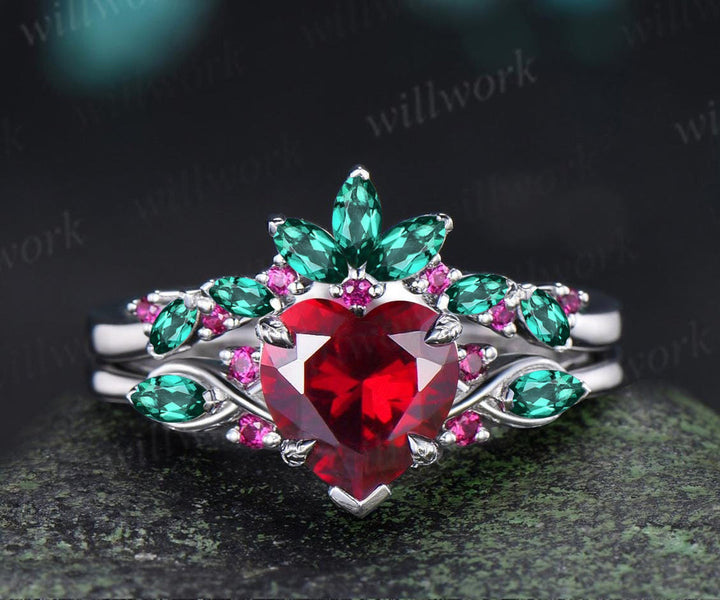2ct heart red ruby engagement ring set leaf claw prong seven stone ring cluster emerald wedding band unique bridal set