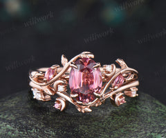 Oval cut pink tourmaline engagement ring set leaf moon rose gold wedding set women jewelry