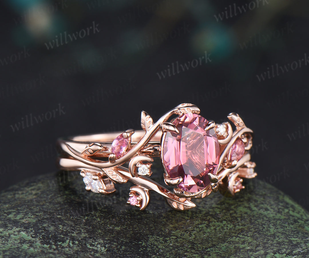 Oval cut pink tourmaline engagement ring set leaf moon rose gold wedding set women jewelry