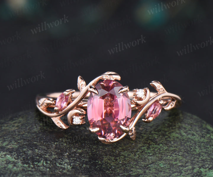 Oval cut pink tourmaline engagement ring set leaf moon rose gold wedding set women jewelry