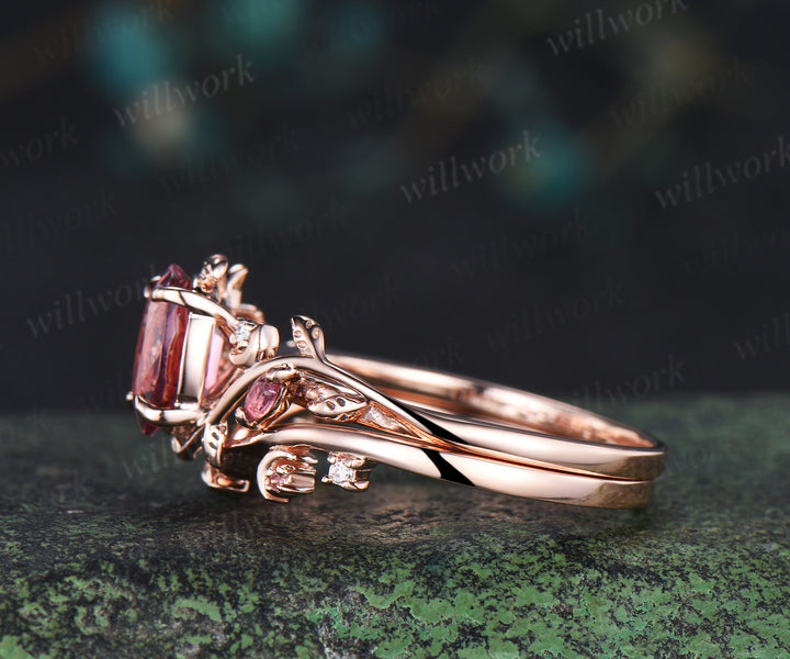 Oval cut pink tourmaline engagement ring set leaf moon rose gold wedding set women jewelry