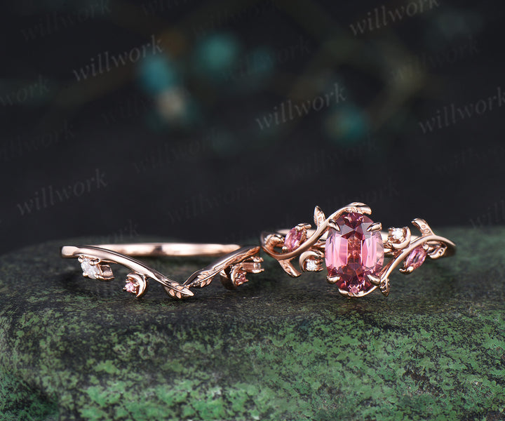 Oval cut pink tourmaline engagement ring set leaf moon rose gold wedding set women jewelry
