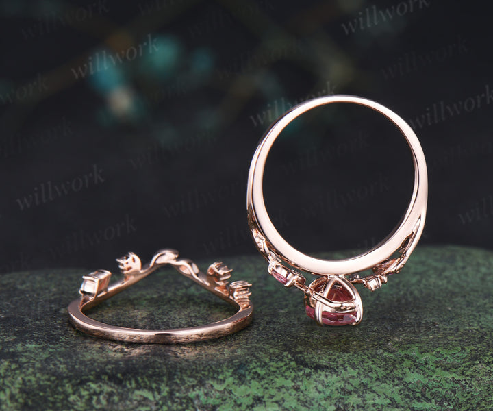 Oval cut pink tourmaline engagement ring set leaf moon rose gold wedding set women jewelry