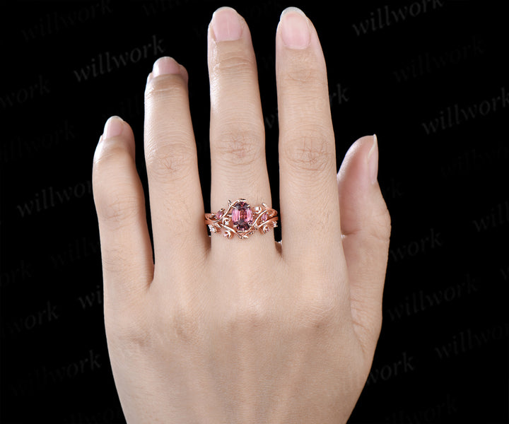 Oval cut pink tourmaline engagement ring set leaf moon rose gold wedding set women jewelry