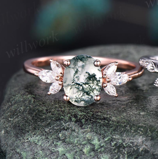 Vintage oval cut green moss agate engagement ring set rose gold art deco leaf flower opal ring siver moissanite wedding ring set for women