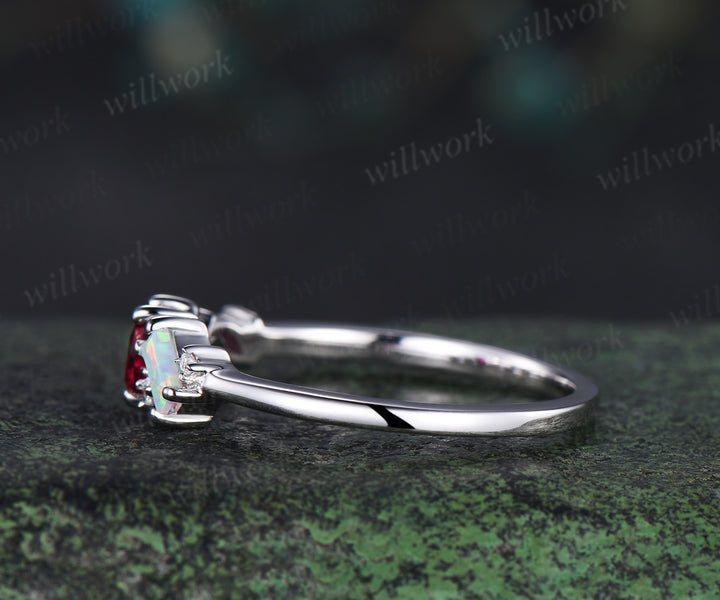 Unique pear red ruby ring white gold cluster Baguette cut opal ring women dainty Multi-Stone Ring moissanite wedding band anniversary gift