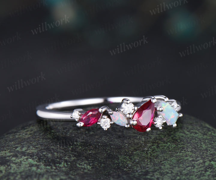Unique pear red ruby ring white gold cluster Baguette cut opal ring women dainty Multi-Stone Ring moissanite wedding band anniversary gift