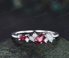 Unique pear red ruby ring white gold cluster Baguette cut opal ring women dainty Multi-Stone Ring moissanite wedding band anniversary gift
